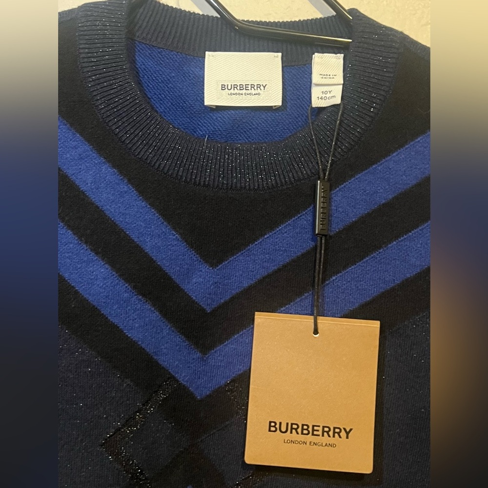 Burberry Kids' Chevron Cotton & Cashmere Crewneck Sweater.Blue, size S (10yo). - Picture 3 of 9